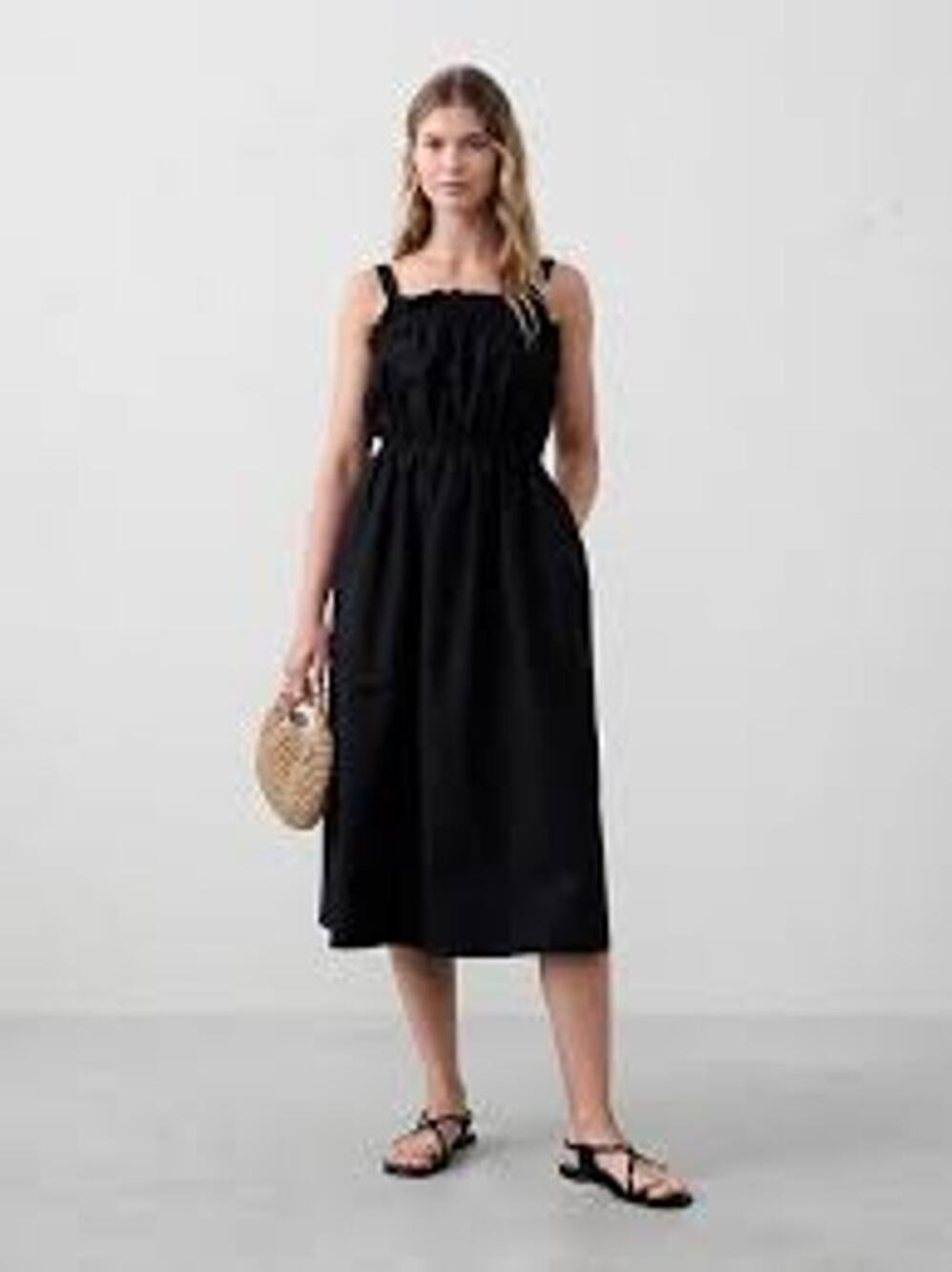 BANANA REPUBLIC Poplin Gather Waist Midi Dress MINIMALIST POCKETS Black Small S